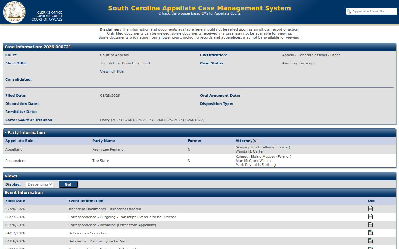 Myrtle Beach resident lookup C-Track appellate docket layout with case, party, date, event, and document fields
