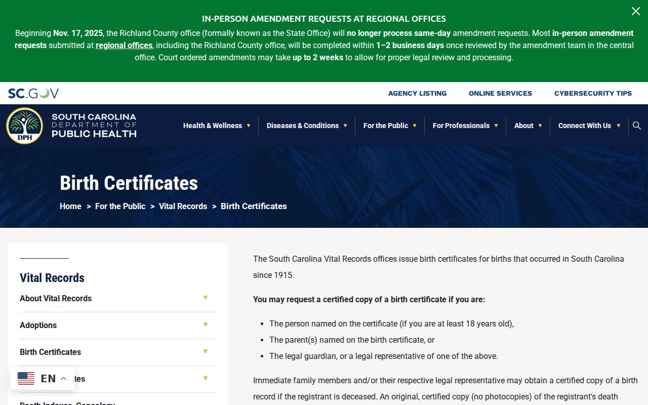 Myrtle Beach resident lookup DPH birth certificate guidance with official request channels and eligibility information